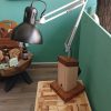 Industrial style work lamp on handmade stand with carry handle