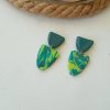 Lime, turquoise and blue marbled oval polymer clay earrings