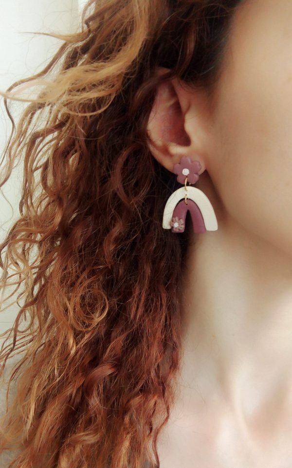 Ivory and mauve flower/ rainbow polymer clay earrings - Image 2