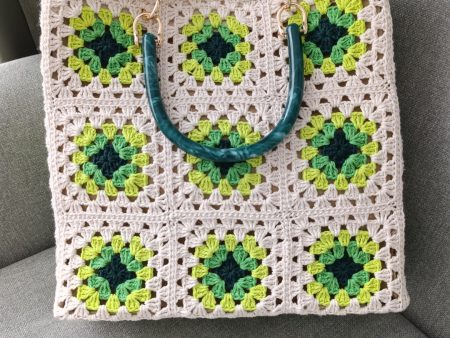 Sage and dark green granny square tote with linen lining