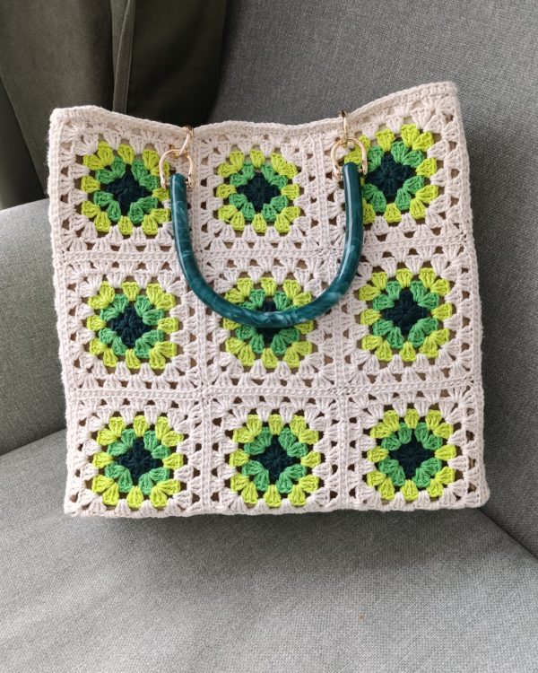 Sage and dark green granny square tote with linen lining