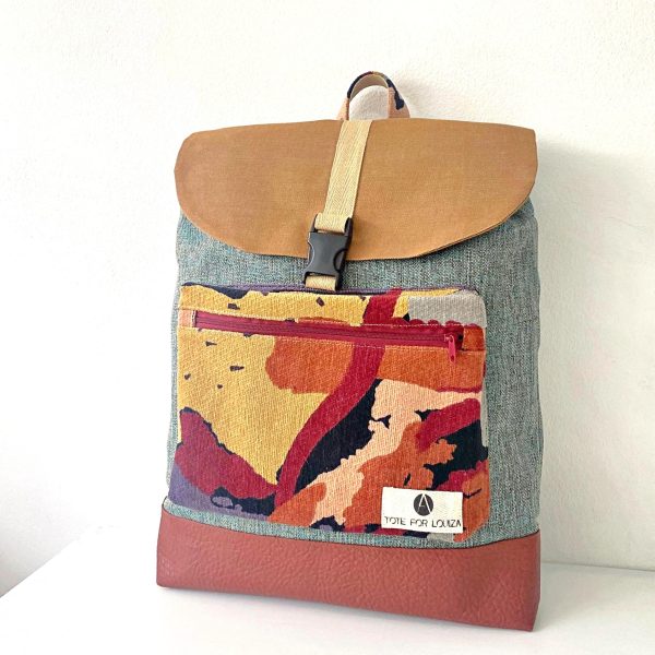 Drawstring Backpack in Blue, Beige and Red colours with Large Pocket - Image 3