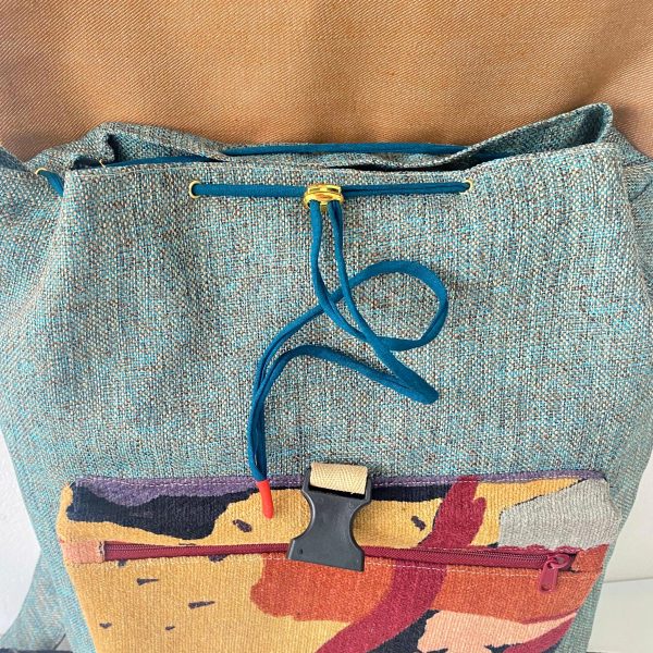Drawstring Backpack in Blue, Beige and Red colours with Large Pocket - Image 5
