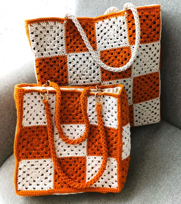 Handmade Crochet Bag – Traditional Motif, Cinnamon & Light Beige, Double Lined with Felt & Linen – Boho Ethical Fashion