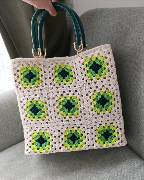 Structured Granny Square-Sage & Dark Green Crochet Tote Bag - Image 2