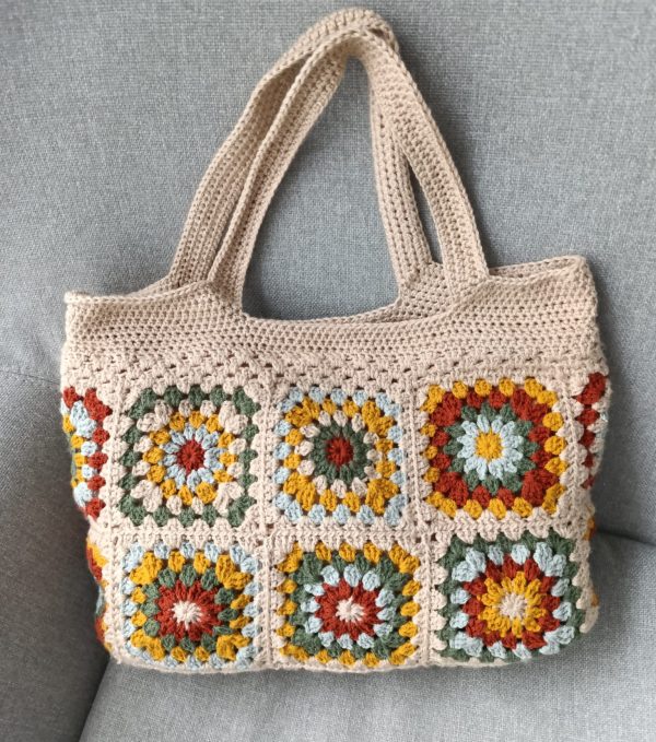 Handmade boho shoulder bag in warm neutral colors