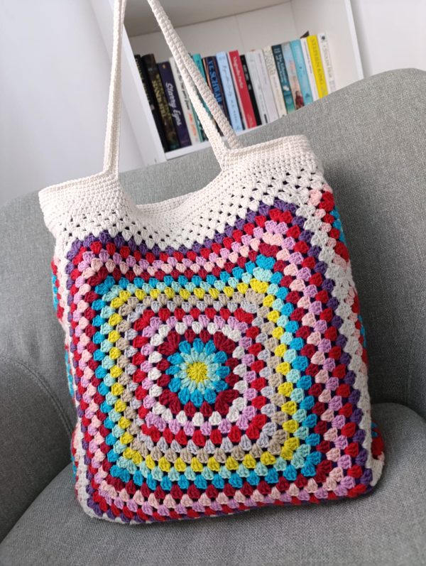 Handmade Colorful Granny Square Tote Bag - Vibrant Spring Summer Beach Bag - Image 4