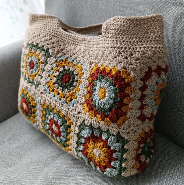 Handmade boho shoulder purse in warm neutral colors