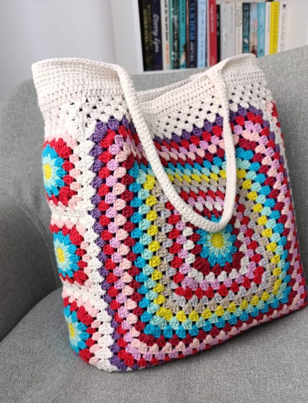 Colorful handmade crochet beach bag with inner pocket