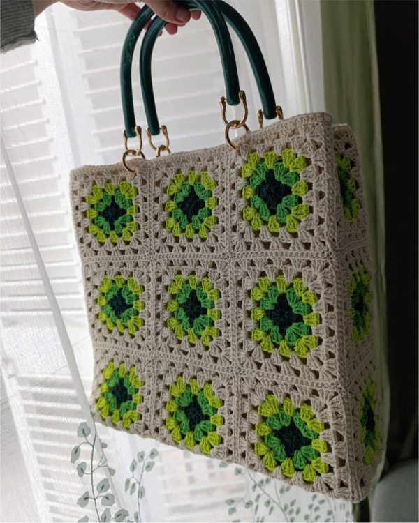 Structured Granny Square-Sage & Dark Green Crochet Tote Bag - Image 4